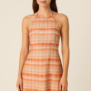 Nia Halter Mini Dress NWOT Satin Look Plaid Orange Pink Size S Sample